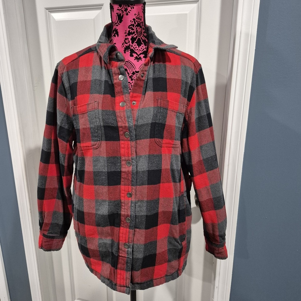 Duluth Trading Jacket Womens Large Red Buffalo Check Flannel Flapjac Shacket
